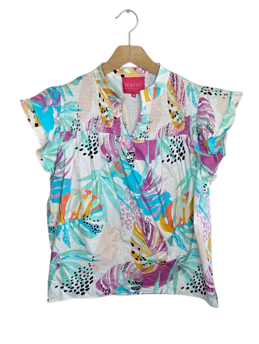 Marie by Victoria Dunn Sophie Colorful Tropical Print Flutter Sleeve Top Size XS